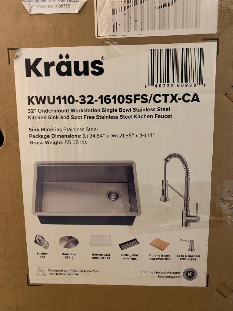 Kraus Stainless Steel single bowl 32 inch undermount sink with accessories