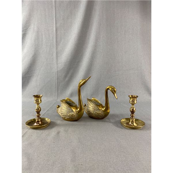 Classic Pair of Baldwin " Forged in America" Brass Candlesticks & Brass Swan Planters