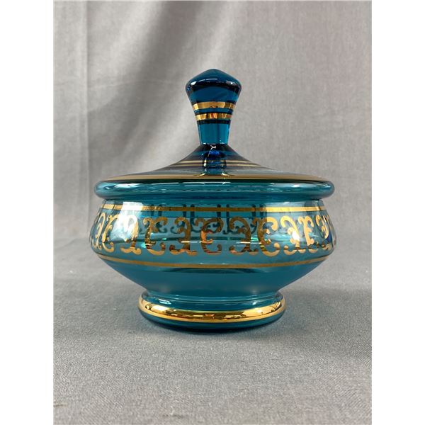 Mid Century Modern Candy Dish With Lid- Aqua Blue with Gold Trim