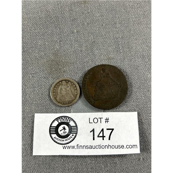 Good Condition 1792 1/2 Penny Token , Silver 1843 U.S. Silver Dime