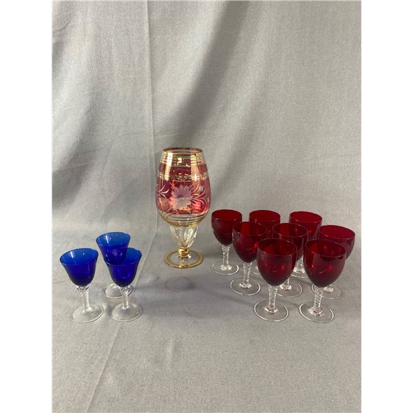 Set Of Red & Blue Appertif Glasses w/Twisted Stems & Etched Cranberry & Gold Pedestal Glass Approx. 