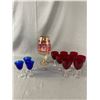 Image 1 : Set Of Red & Blue Appertif Glasses w/Twisted Stems & Etched Cranberry & Gold Pedestal Glass Approx. 