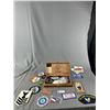 Vintage Wood Cigar Box w/ Patches,Pins, Coins & More