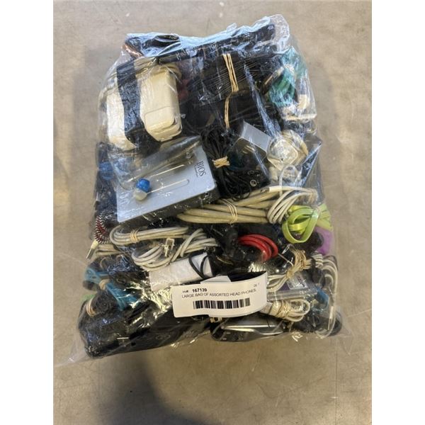 LARGE BAG OF ASSORTED HEAD PHONES, CHARGING  CABLES, ETC