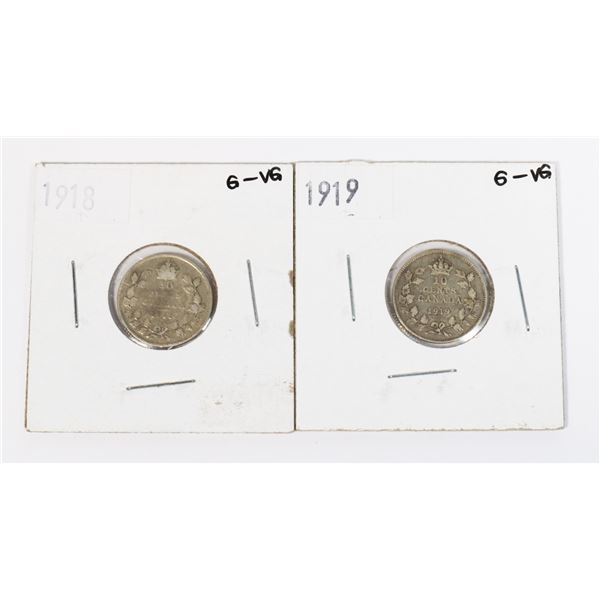 1918 AND 1919 CANADA 10CENT COINS 92.5% SILVER