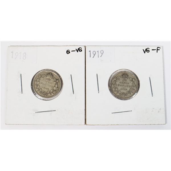 1918 AND 1919 CANADA 10CENT COINS 92.5% SILVER