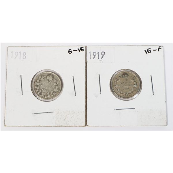 1918 AND 1919 CANADA 10CENT COINS 92.5% SILVER