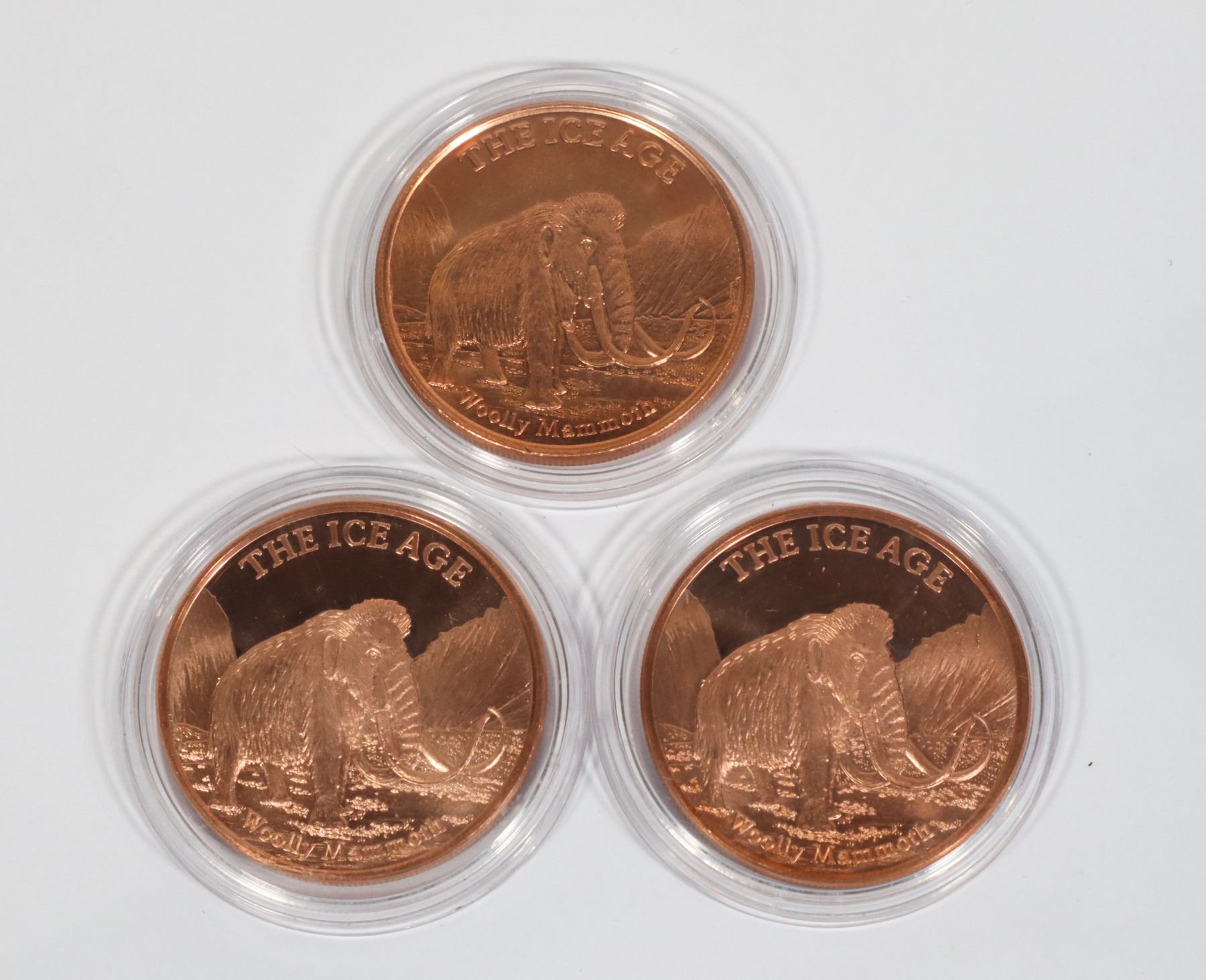 THREE WOOLLY MAMMOTH COPPER ROUNDS IN CAPSULES