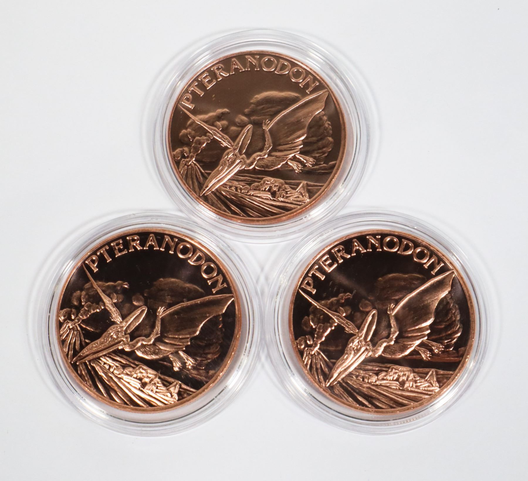 THREE 1-OZ PTERANODON COPPER ROUNDS IN CAPSULES