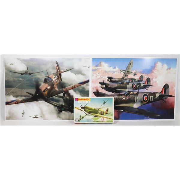 TWO SPITFIRE PRINTS 12  X 16  COMES WITH MATCHBOX