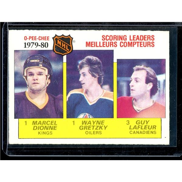 1980-81 O-Pee-Chee #163 Scoring Leaders/Marcel Dionne (1)/Wayne Gretzky (1)/Guy Lafleur (3)