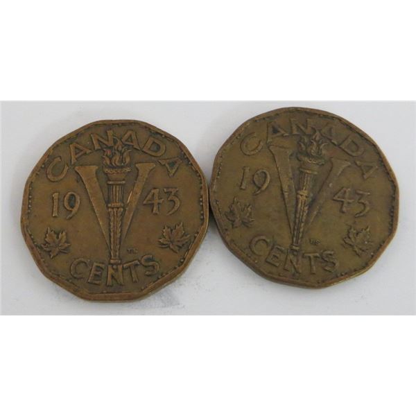 2x Canadian Tombac Nickels 1943