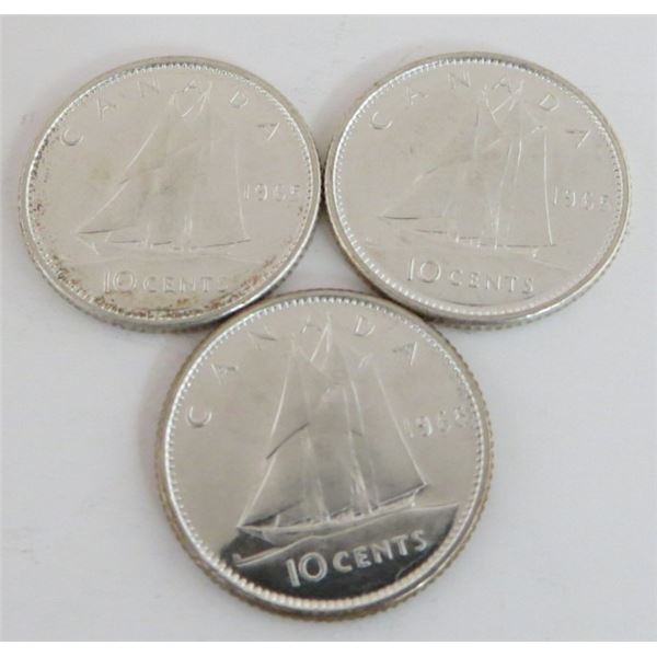 3 Canadian Silver 1965 Dimes