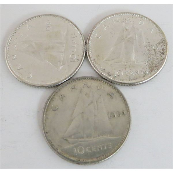 3 Canadian Silver 1964 Dimes