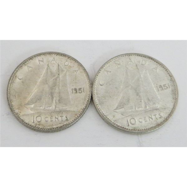 2 Canadian Silver 1951 Dimes