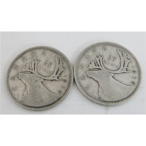 2 Canadian Silver Quarters 1939