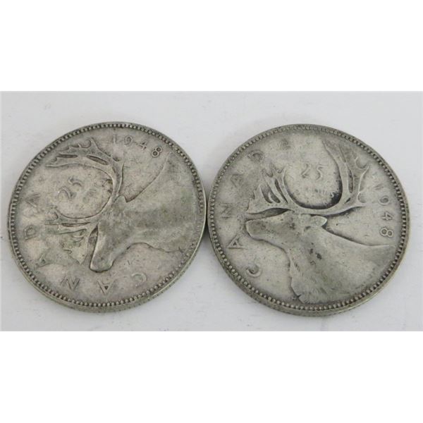 2 Canadian Silver Quarters 1948