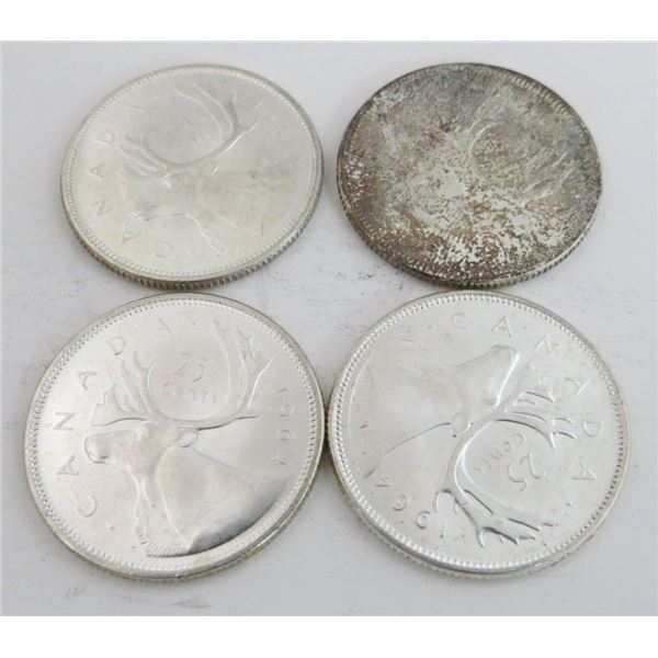 4 Canadian Silver Quarters 1964