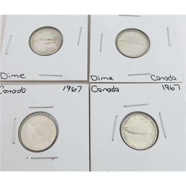 4 Canadian Silver Dimes 1967