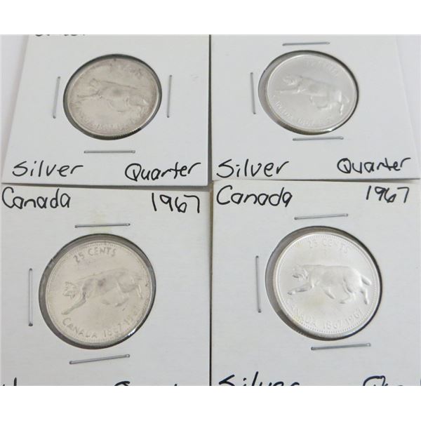 4 Canadian Silver Quarters 1967