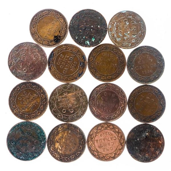 GROUPING 15 CANADA KING GEORGE LARGE CENT COINS MIXED