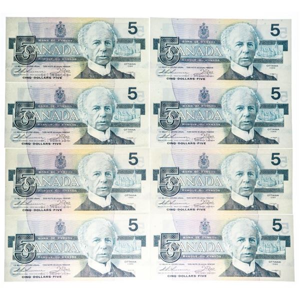 Lot of 8 Canada 1986 $5 UNC