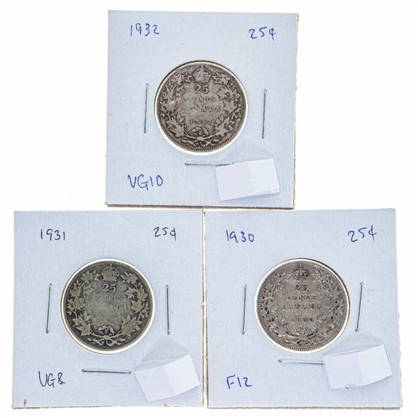 Lot 3 Canada Silver 25 Cents - 1930,31,32.