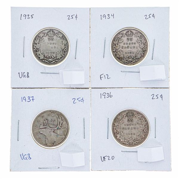 Lot 4 Silver Canada 25 cents, 1934,35,36,37.