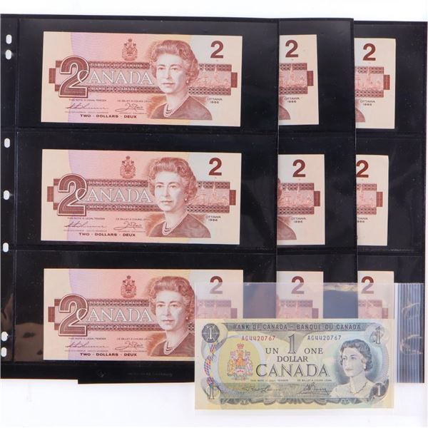 Collection of 19 Canada & USA $1 &$2 Banknotes