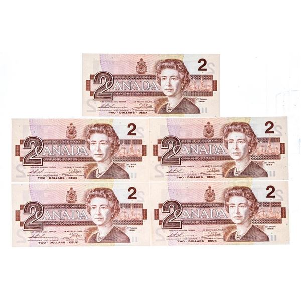 Lot 5 Bank of canada 1986 $2 Gem Unc - 5 in Sequence (EBX)