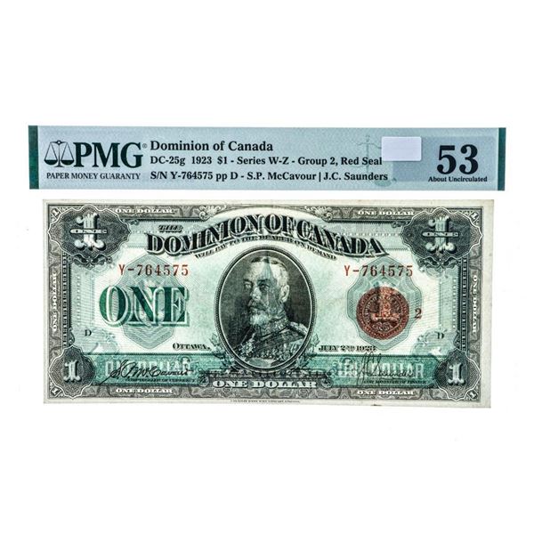 Dominion of Canada 1923 $1, Series W-Z - Group 2, Red Seal AU53 PMG