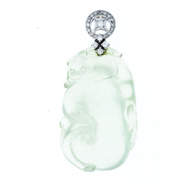 Hand Carved Cut Pin Set Light Green Jadeite Jade Pendant, w/20 Diamonds Set in 18kt Gold Bale. .25ct