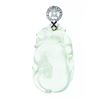 Image 1 : Hand Carved Cut Pin Set Light Green Jadeite Jade Pendant, w/20 Diamonds Set in 18kt Gold Bale. .25ct