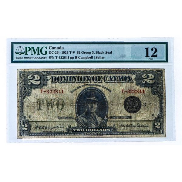 Dominion of Canada 1923 T-V $2 Group 3, Black Seal, PMG Fine 121