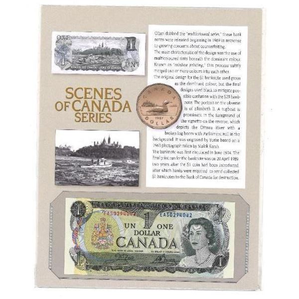 Bank of Canada 1973 One Dollar Note -Now Recalled Out of Circulation, Scenes of Canada Series, On Gi