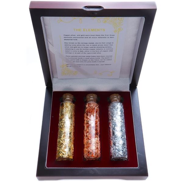 The Elements Collection- 3 x Assayers Glass Jars - .9999 24KT Gold Flakes, .9999 Fine Silver Flakes,