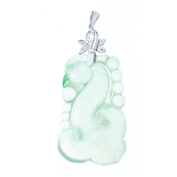 Hand Carved Cut Pin Set Green Jadeite Jade Pendant, w 24 Diamonds, Appraisal:$4510.00