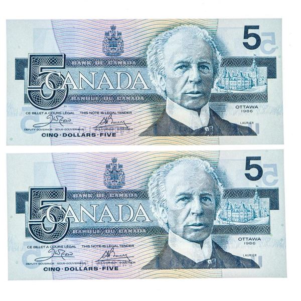 Bank of Canada Lot 2 x $5 (END) In Sequence GEM UNC