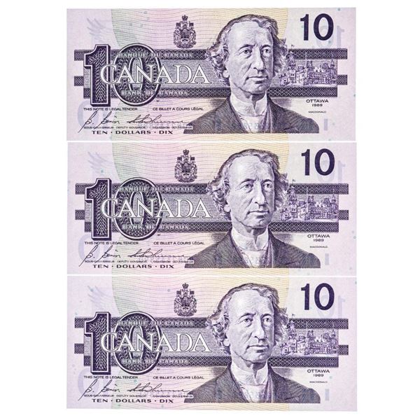 Bank of Canada 1989 $10, "BDN" Lot of 3 in Sequence GEM