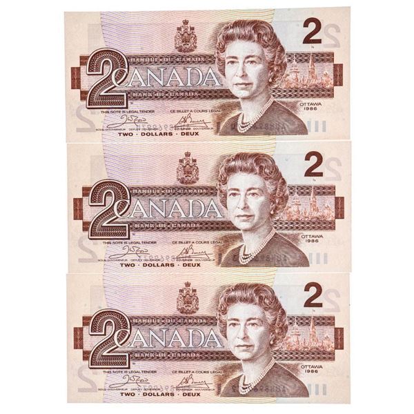 Bank of Canada 1986 $2 GEM UNC -3 in Sequence. (AUH)