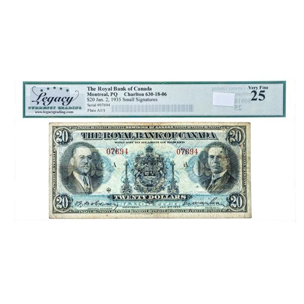 The Royal Bank of Canada,Montreal PQ 1935 $20 Small Signatures VF 25 Legacy