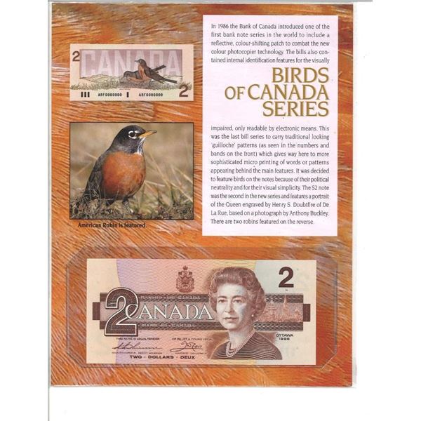 Bank of Canada - Birds Series $2 1986 - Recalled in 2020, on Giclee Display Art card