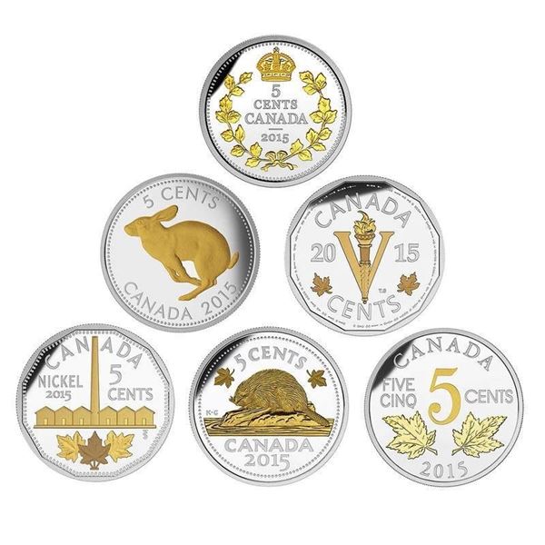 RCM Legacy of The Nickel -2015 Fine Pure Silver 6 Coin Set - The Two Maple Leaves 5 Cent Coins w/ 24
