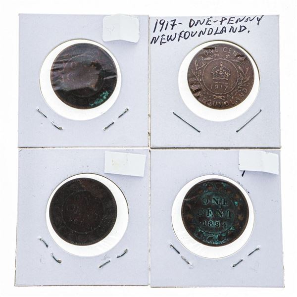 Lot 4 Canada/NFLD Large One Cent Coins - 1859,1882H,1884,1917