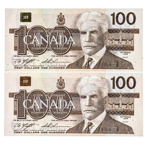 Bank of Canada 1988 $100 - Lot 2 In Sequence (BJK)