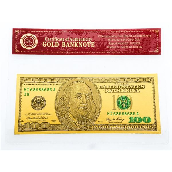 Golden Notes - USA 24 Kt. Gold Foil USA $100.00 in Certificate Collector Sleeve