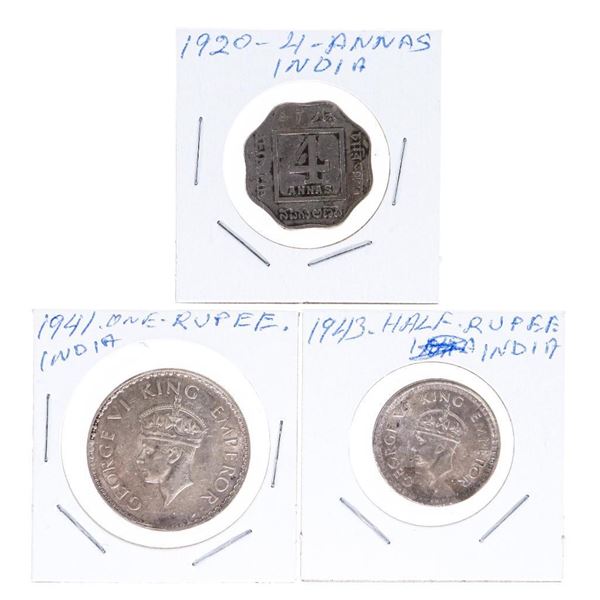 Lot 3 INDIA  194` One Rupee, 1943 Half Rupee, 1920 4- Annas -INDIA