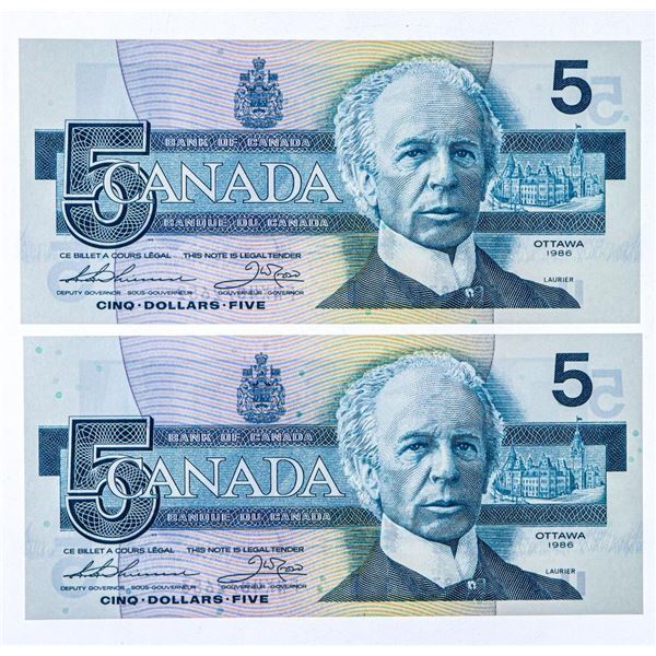 Bank of Canada 1986 $5 GEM UNC 2 in Sequence 1