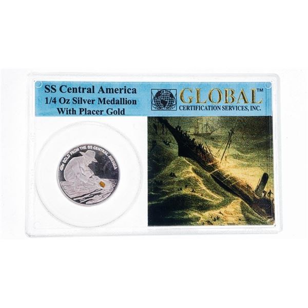 SS Central America 1/4 OZ. Silver Medallion With Placer Gold - The California Goldrush Triumph & Tra