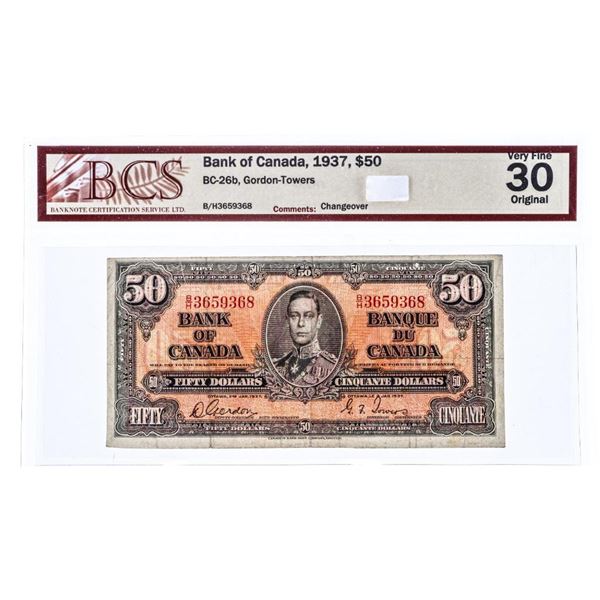 Bank of Canada 1937, $50 -Changeover VF30 BCS